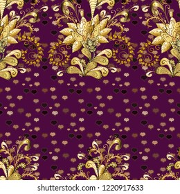 Vector seamless pattern with floral ornament. Vintage design element in Eastern style. Herats. Love. Traditional arabic decor on purple, brown, beige colors. Golden ornate illustration for wallpaper.