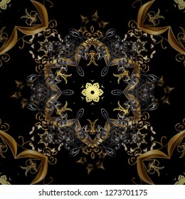 Vector seamless pattern with floral ornament. Traditional arabic decor on black, gray colors. Golden ornate illustration for wallpaper. Ornamental lace tracery. Vintage design element in Eastern style