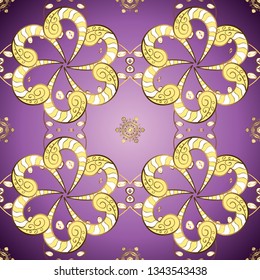 Vector seamless pattern with floral ornament. Ornamental lace tracery. Traditional arabic decor on yellow and purple colors. Vintage design element in Eastern style. Golden illustration for wallpaper.