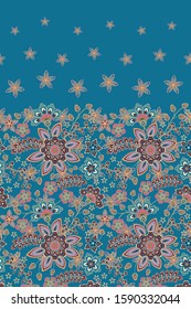 Vector seamless pattern with floral ornament. Vintage design element in Eastern style. Ornamental lace tracery. Ornate floral decor for wallpaper. Traditional arabic decor on blue background.