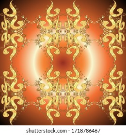 Vector seamless pattern with floral ornament. Golden ornate illustration for wallpaper. Traditional arabic decor on orange colors. Ornamental lace tracery. Vintage design element in Eastern style.