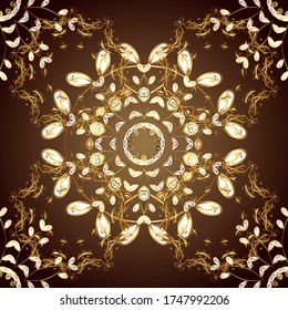 Patrón vectorial sin fisuras con adorno floral. Elemento de diseño antiguo de estilo oriental. Ilustración dorada ornamentada para papel pintado. Decoración árabe tradicional en tonos marrones y blancos. Tracería ornamental.