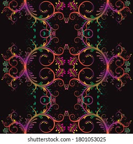 Vector seamless pattern with floral ornament. Golden ornate illustration for wallpaper. Traditional arabic decor on orange colors. Ornamental lace tracery. Vintage design element in Eastern style.