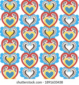 Vector seamless pattern with floral ornament in folk style. Great for textile prints, greeting cards, invitations. Vector EPS clip art design