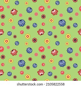 Patrón vectorial sin fisuras con adorno floral floral. Flores en un campo verde. Impresión con elementos de la pintura de Gorodets.