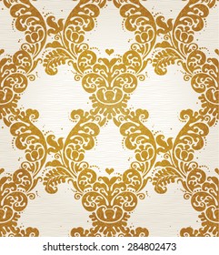Vector seamless pattern with floral ornament. Vintage element for design in Victorian style. Ornamental lace tracery. Ornate decor for wallpaper. Endless texture. Golden pattern fill.