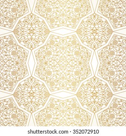 Vector seamless pattern with floral ornament. Vintage element for design in Eastern style. Lace golden tracery. Ornate floral decor for wallpaper. Traditional arabic decor on light background.