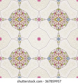 Vector seamless pattern with floral ornament. Vintage design element in Eastern style. Ornamental lace tracery. Ornate geometric decor for wallpaper. Traditional arabic decor on beige background.