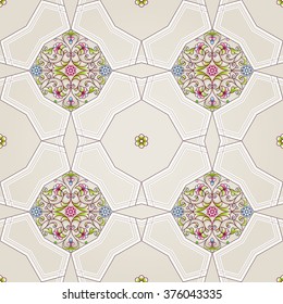 Vector seamless pattern with floral ornament. Vintage design element in Eastern style. Ornamental lace tracery. Ornate decor for wallpaper. Traditional arabic decor on beige background.