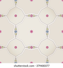 Vector seamless pattern with floral ornament. Vintage design element in Eastern style. Ornamental lace tracery. Ornate decor for wallpaper. Traditional arabic decor on beige background.