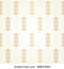 Vector seamless pattern with floral ornament. Vintage design element in Eastern style. Ornamental lace tracery. Ornate decor for wallpaper. Golden floral vignette on beige background.