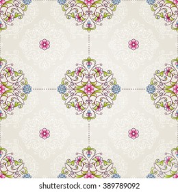 Vector seamless pattern with floral ornament. Vintage design element in Eastern style. Ornamental lace tracery. Ornate illustration for wallpaper. Traditional arabic decor on beige background.