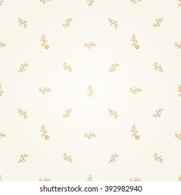 Vector seamless pattern with floral ornament. Vintage design element. Ornamental lace tracery. Simple decor for wallpaper. Small golden vignette on beige background.