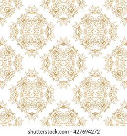 Vector seamless pattern with floral ornament. Vintage element for design in Eastern style. Lace golden tracery. Ornate floral decor for wallpaper. Traditional arabic decor on scroll work background.