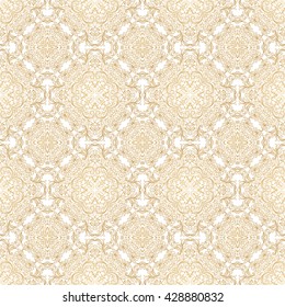 Vector seamless pattern with floral ornament. Vintage element for design in Eastern style. Lace golden tracery. Ornate floral decor for wallpaper. Traditional arabic decor on scroll work background.