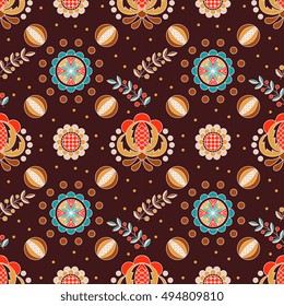 Vector seamless pattern, floral ornament in the folk Hungarian style, green and red on a dark brown background