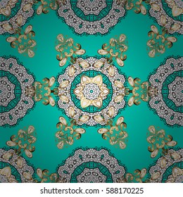 Vector seamless pattern with floral ornament. Vintage design element in Eastern style. Ornamental lace tracery. Traditional arabic decor on blue background. Golden ornate illustration for wallpaper.