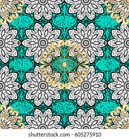 Vector seamless pattern with floral ornament. Golden ornate illustration for wallpaper. Vintage design element in Eastern style. Traditional arabic decor on blue background. Ornamental lace tracery.