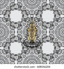 Vector seamless pattern with floral ornament. Ornamental lace tracery. Traditional arabic decor on gray background. Vintage design element in Eastern style. Golden ornate illustration for wallpaper.