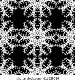 Vector seamless pattern with floral ornament. Ornamental lace tracery. Vintage design element in Eastern style. White ornate illustration for wallpaper. Traditional arabic decor on black background.