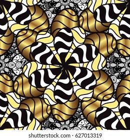 Vector seamless pattern with floral ornament. Ornamental lace tracery. Golden ornate illustration for wallpaper. Traditional arabic decor on brown background. Vintage design element in Eastern style.