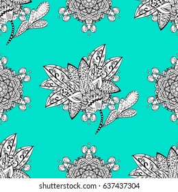 Vector seamless pattern with floral ornament. White ornate illustration for wallpaper. Ornamental lace tracery. Vintage design element in Eastern style. Traditional arabic decor on blue background.