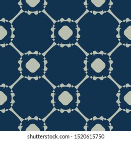 Vector seamless pattern. Floral ornamental background, repeat geometric tiles, curved lines, circles, grid. Abstract ornament texture in deep blue and light green color. Elegant decorative design