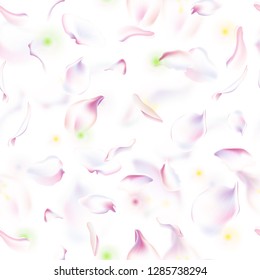 Vector seamless pattern with floral petals. Floral background with flowers, petal, blurred petals and soft leaves and stamen. Sakura petal pattern, blossom rose background, petals seamless pattern