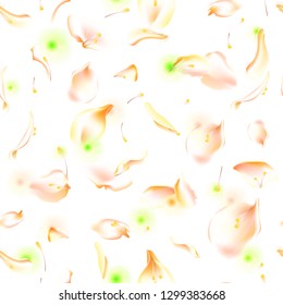 Vector seamless pattern with floral petals. Floral background with flowers, petal, blurred petals and soft leaves and stamen. Sakura petal pattern, blossom rose background, petals seamless pattern