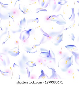 Vector seamless pattern with floral petals. Floral background with flowers, petal, blurred petals and soft leaves and stamen. Sakura petal pattern, blossom rose background, petals seamless pattern