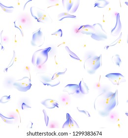 Vector seamless pattern with floral petals. Floral background with flowers, petal, blurred petals and soft leaves and stamen. Sakura petal pattern, blossom rose background, petals seamless pattern