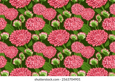 vector seamless pattern with floral plant print. dahlia flowers, buds and leaves. pink green ornament, background. for printing on fabric, fashion industry. for packaging.