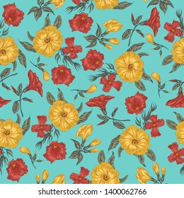 Vector seamless pattern with floral print in Provence style on mint background. Can be used as romantic background for wedding invitations, greeting postcards, prints, textile design, packaging design
