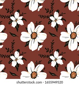Vector seamless pattern with floral, repeating element. Pattern with a beige flower from lines on a red background. Use in textiles, clothing, wallpaper, design, concentration, wrapping paper.
