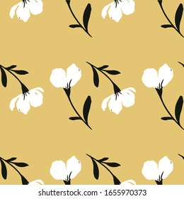 Vector seamless pattern with floral, repeating element. Pattern with a white flower from lines on a yellow background. Use in textiles, clothing, wallpaper, design, concentration, wrapping paper.