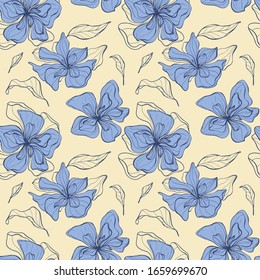 Vector seamless pattern with floral, repeating element. Pattern with a blue flower from lines on a beige,yellow isolated background.Use in textiles, clothing, wallpaper, design product, wrapping paper