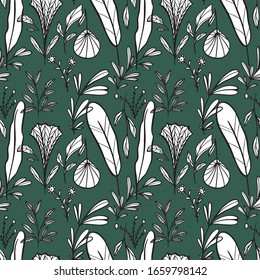 Vector seamless pattern with floral, repeating element.Pattern with a black white flower from lines on a green, isolated background.Use in textiles, clothing, wallpaper,design product, wrapping paper