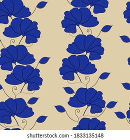 Vector seamless pattern with floral, repeating element. Pattern with a blue flower on a beige background. Use in textiles, clothing, wallpaper, design, baby backgrounds, wrapping paper.