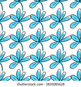 Vector seamless pattern with floral, repeating element. Pattern with a blue flower on a white background. Use in textiles, clothing, wallpaper, design, baby backgrounds, wrapping paper.