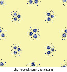 Vector seamless pattern with floral, repeating element. Pattern with a blue flower on a yellow background. Use in textiles, clothing, wallpaper, design, baby backgrounds, wrapping paper.