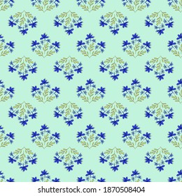 Vector seamless pattern with floral, repeating element. Pattern with a blue flower on a green background. Use in textiles, clothing, wallpaper, design, baby backgrounds, wrapping paper.