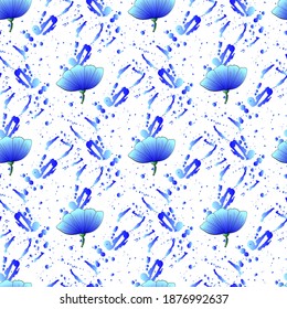 Vector seamless pattern with floral, repeating element. Pattern with a blue flower on a white background. Use in textiles, clothing, wallpaper, design, baby backgrounds, wrapping paper.