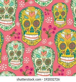 Vector seamless pattern with floral skulls.