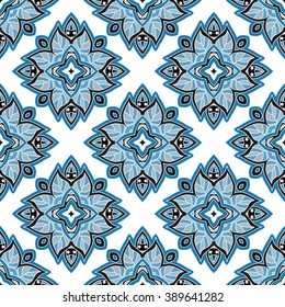 Vector seamless pattern with floral and starshape ethnic ornament in blue palette. Repeated tiles inspired arabian motives. Could be used as pattern for web design, print or textile. 