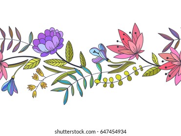 Vector seamless pattern. Floral stripe. Botanical illustration with beautiful flowers.  Ornamental color texture