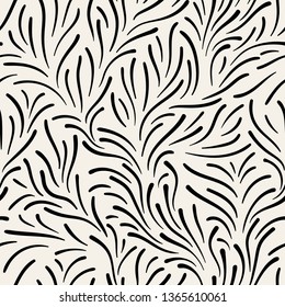 Vector seamless pattern. Floral stylish background. Elegant monochrome branches with narrow thin floral elements or leaves.