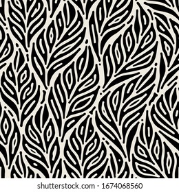 Vector seamless pattern. Floral stylish background. Monochrome floral theme. Contrast texture with smooth leaves.