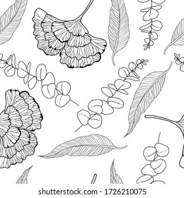 Vector seamless pattern. Floral stylish background with graphic leaves.