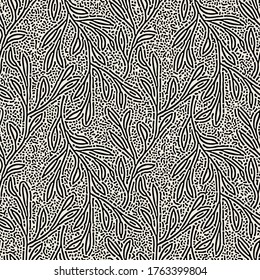 Vector seamless pattern. Floral stylish background. Graphic repeating texture with linocut effect. Hand drawn branches and leaves.