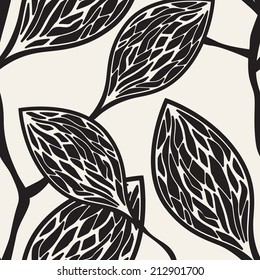 Vector seamless pattern. Floral stylish background. Branches eith structured leaves